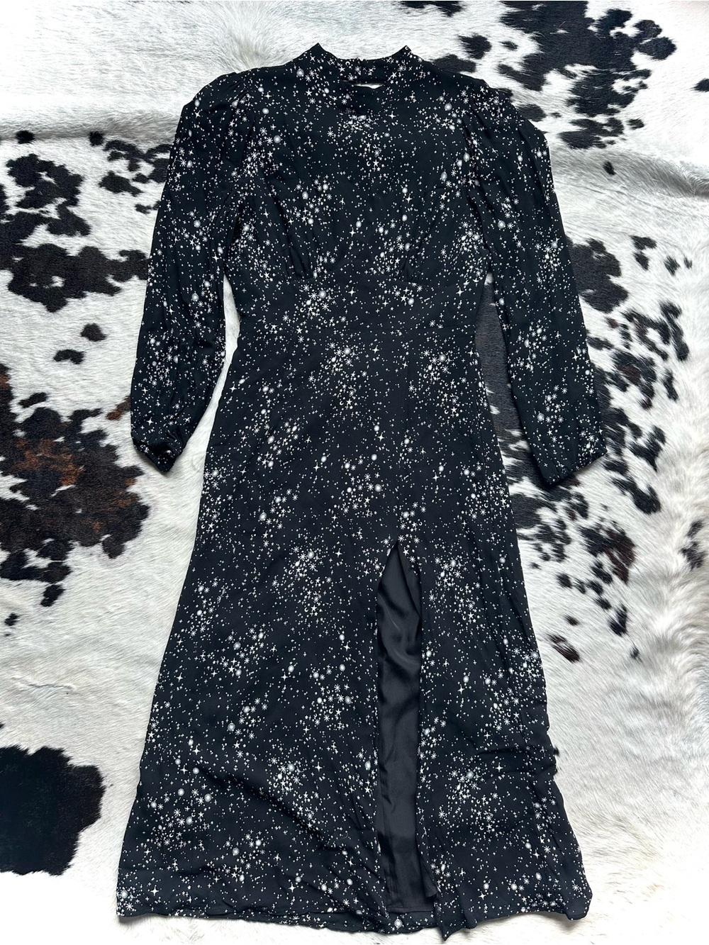 Vintage Forever 21 Black Star-Print Long Sleeve Midi/Maxi Dress Medium